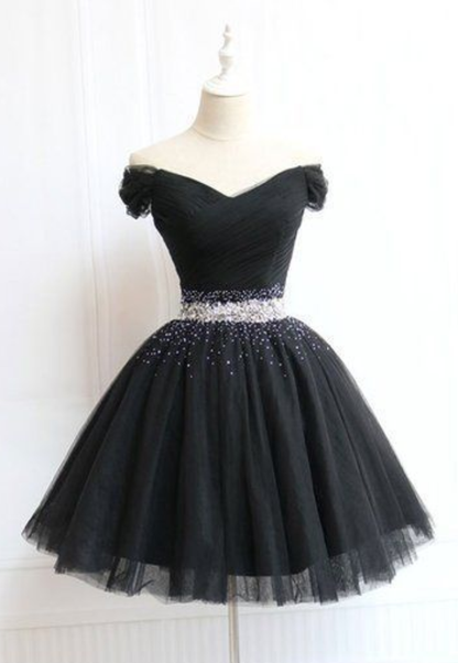 Beautiful Cute Charming Black Tulle V Neck Beaded Short Dress, Black Homecoming Dress cg938