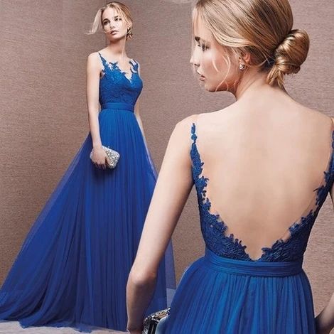 Blue Appliques Backless A-line Tulle Prom Dresses  cg9395