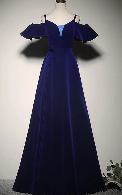 Elegant Blue Velvet Straps Long Party Dress, Long Evening Party prom Dress   cg9403