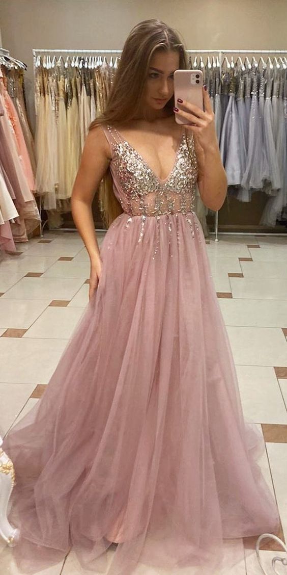 stunning v neckline pink tulle long evening dress with sequins bodice prom dress  cg9405