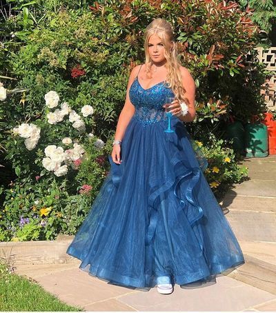 Navy Prom Dress,A-Line Prom Dress,Tulle Prom Dress,Appliques Prom Dress  cg9408