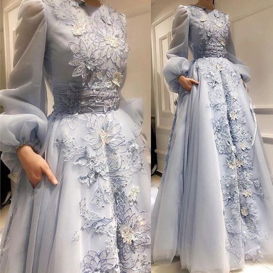 Stunning Custom Made Long Puff Sleeves Evening Prom Dresses, Sweet Dresses, 3D Flowers Applique Formal Dress  cg9412