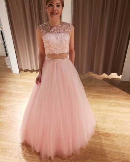 Pink Prom Dress,Tulle Prom Gown,Two Pieces Evening Dress,Beading Prom Gown   cg9444