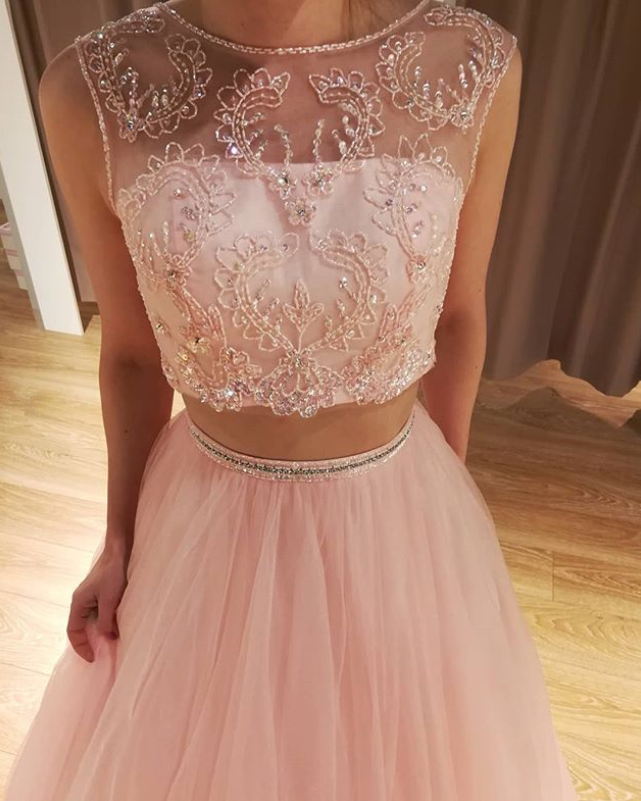 Pink Prom Dress,Tulle Prom Gown,Two Pieces Evening Dress,Beading Prom Gown   cg9444