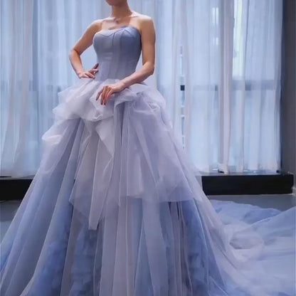 Blue Prom Dress,Ball Gown Prom Gown,Strapless Evening Dress,Tulle Prom Gown   cg9446