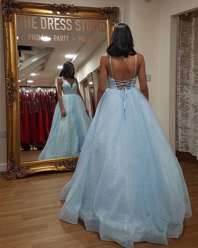 Blue Prom Dress,Tulle Prom Gown,Backless Evening Dress,Spaghetti Straps Prom Gown    cg9448