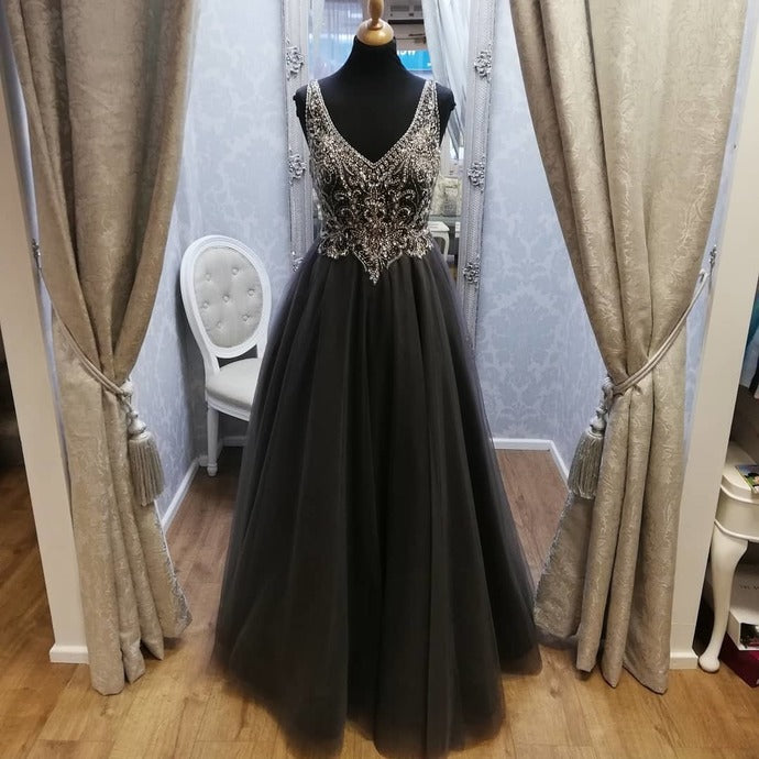 Black Prom Dress,Tulle Prom Gown,Beading Evening Dress,V-Neck Prom Gown   cg9449