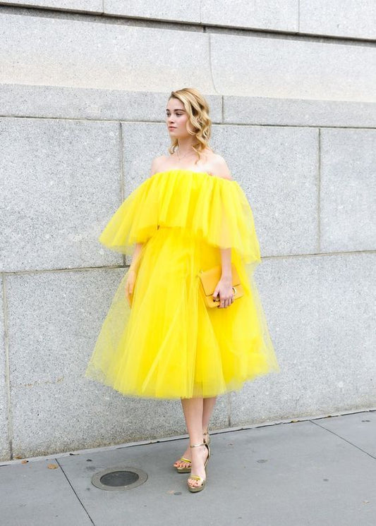 Yellow Prom Dress,Tulle Prom Gown, Short Prom Dress,Off the Shoulder Wedding Gown  cg9453
