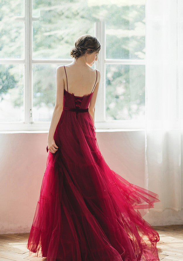 Red Prom Dress,A-Line Prom Gown, Spaghetti Straps Prom Dress, Tulle Prom Gown    cg9458