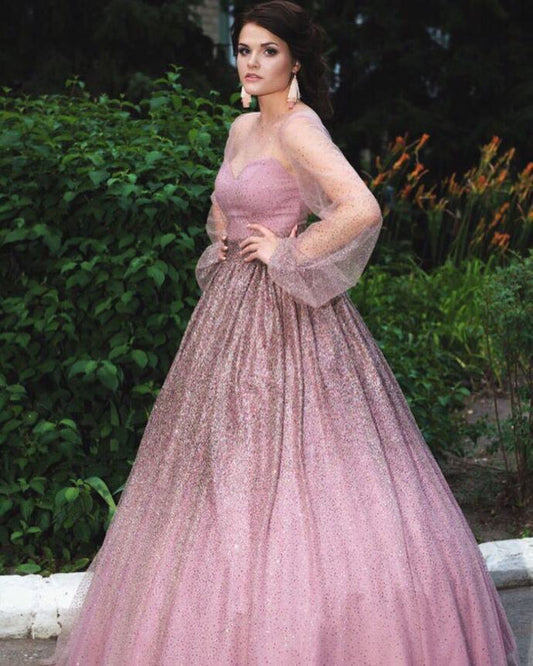 Gradient Prom Dress, Tulle Prom Gown, Sequined Prom Dress, Long-Sleeves Prom Gown   cg9462