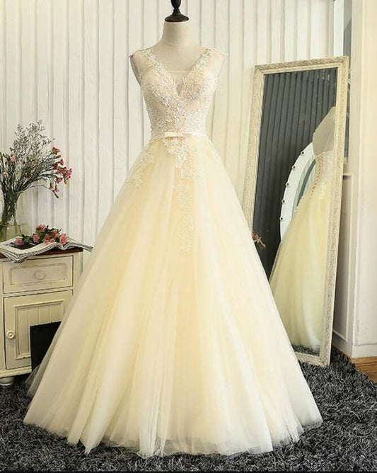 Lace Wedding Dresses, Lovely Light Champagne Tulle Long Lace Prom Dress  cg9479