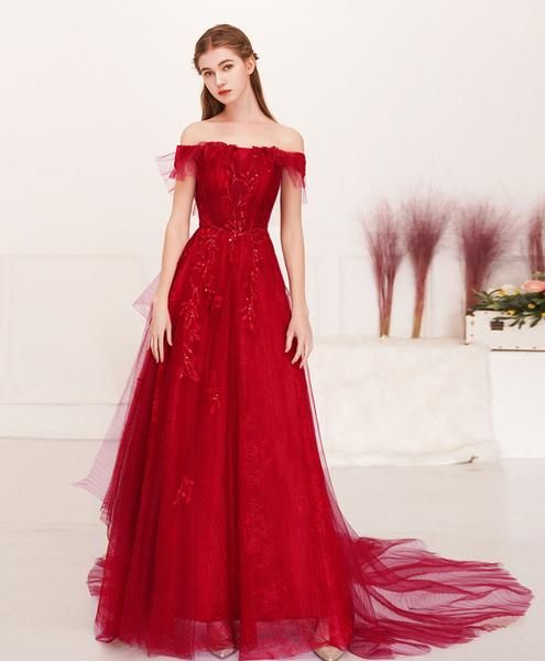 Burgundy tulle lace long prom dress burgundy evening dress   cg9481