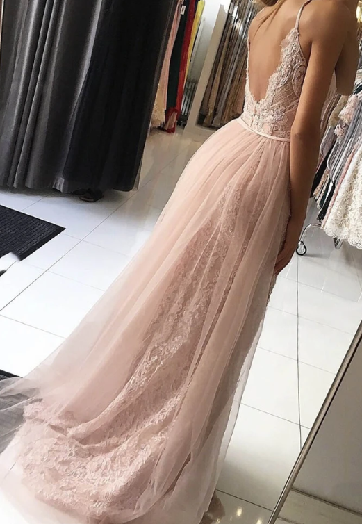 Pink tulle lace long prom dress evening dress   cg9503