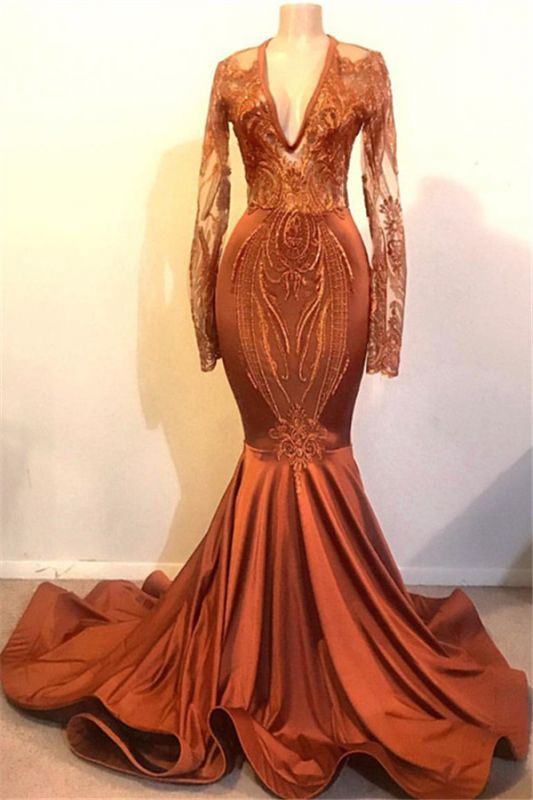 Classic Dust Orange Mermaid V-neck Long Sleeve Prom Dresses Cheap   cg9507