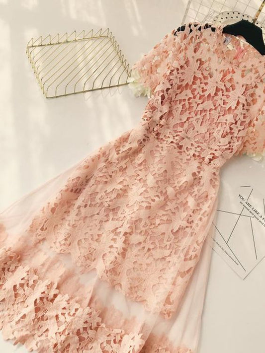 Pink Lace Short Prom Dress Short Sleeves   cg9521