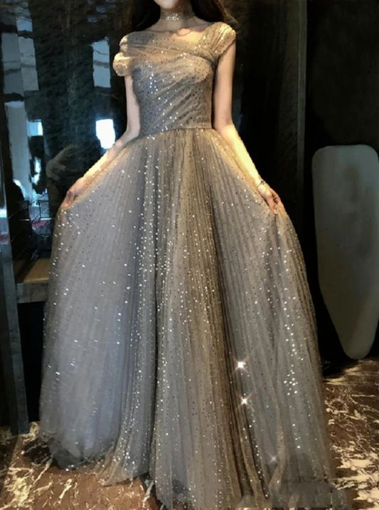 Off Shoulder Gold A Line Tulle Prom Dresses with Pleats   cg9526