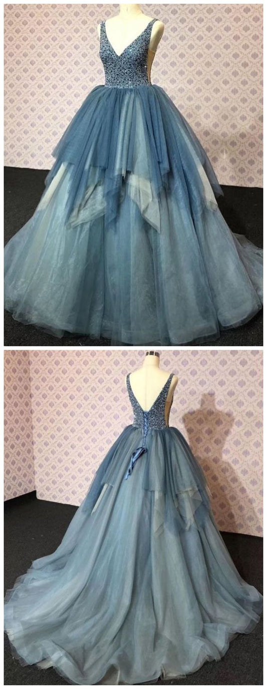 Chic V neck Slate Blue Beaded Long Prom Dress Evening Dresses   cg9541