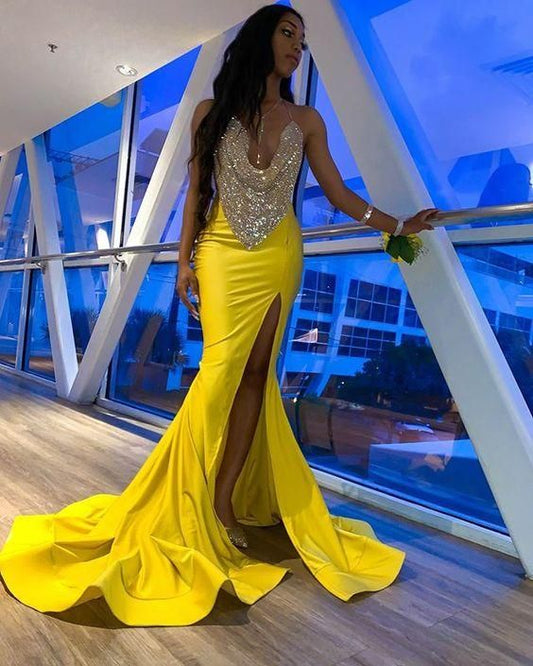 evening dresses long mermaid sparkly modest yellow cheap evening prom gown   cg9545