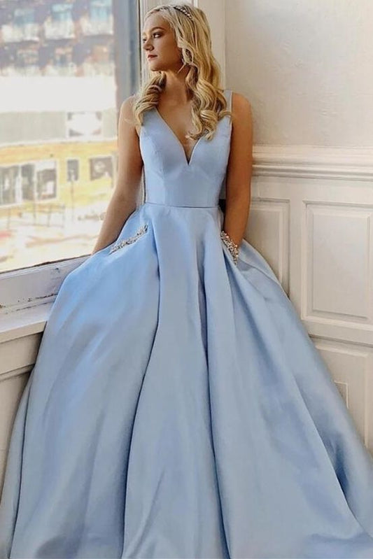 Simple Light Sky Blue Prom Dress with Pockets, Long Evening Dress   cg9551