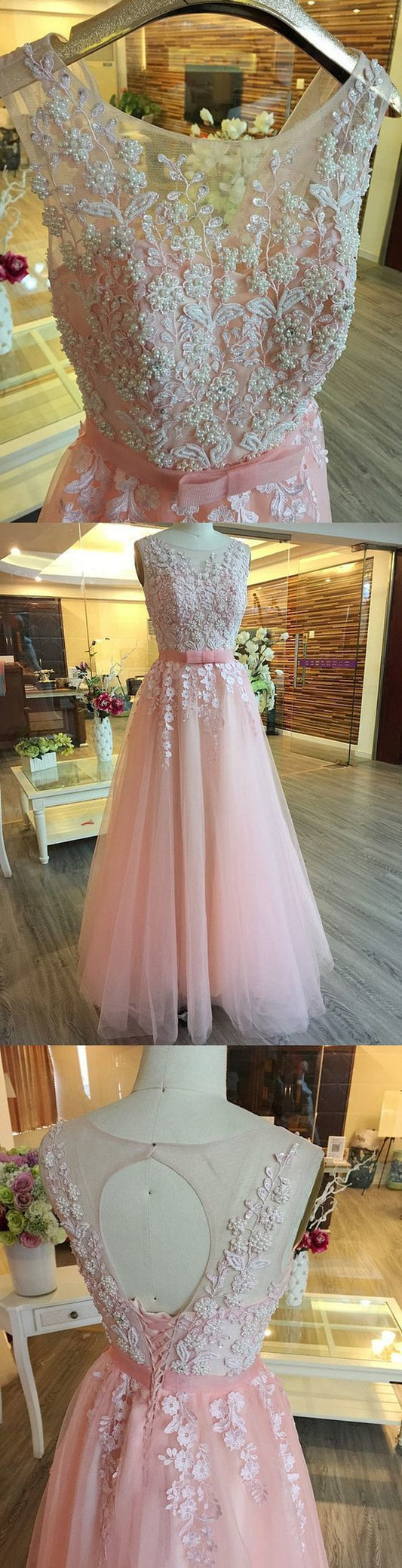 Elegant Tulle Pink Pearls Prom Dress, Appliques Pink Prom Dresses, Long Evening Dress   cg9568