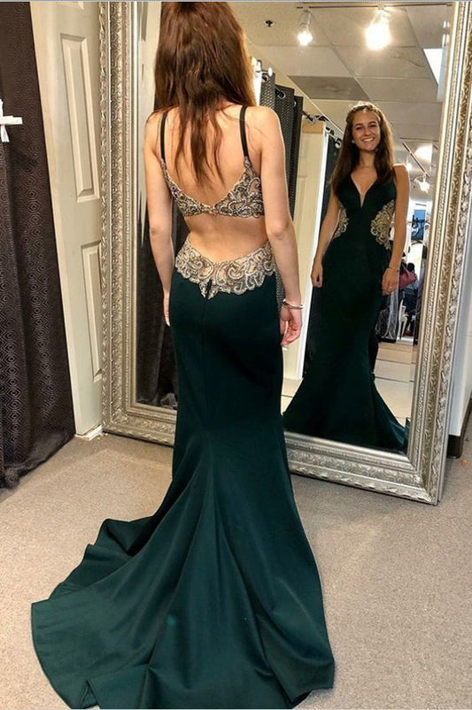 A-Line Open Back Green Satin Prom Dress with Appliques Beading  cg9576