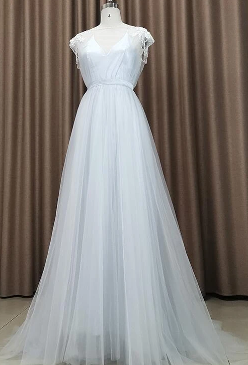 Beautiful Light Grey Tulle Long Party Dress, Light Grey Evening prom  Gown  cg9577
