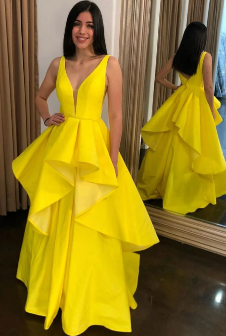 SIMPLE YELLOW SATIN LONG PROM DRESS YELLOW EVENING DRESS  cg9580