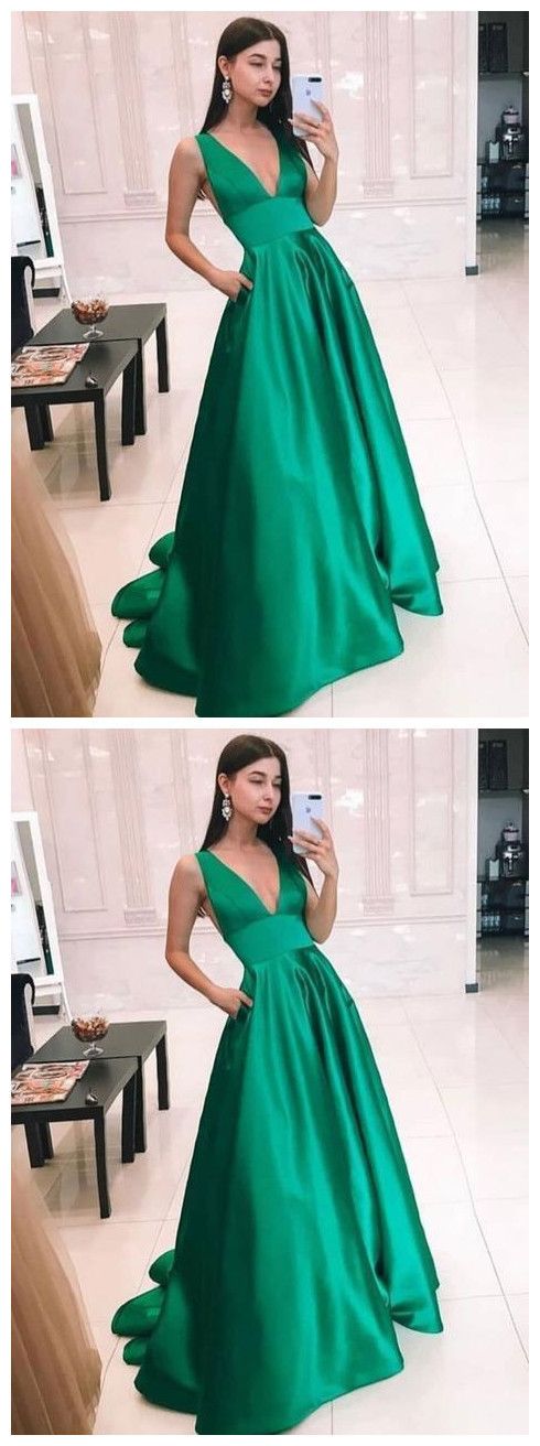 Green v neck satin long prom dress, simple evening dress  cg9581