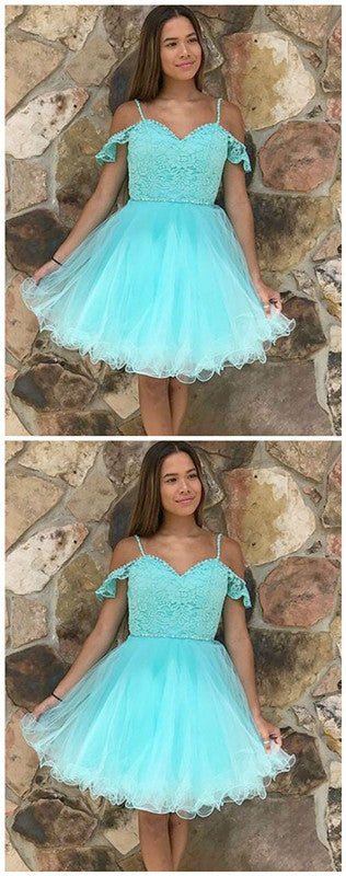 A-Line Cold Shoulder Mint Tulle Homecoming Dress with Lace cg959