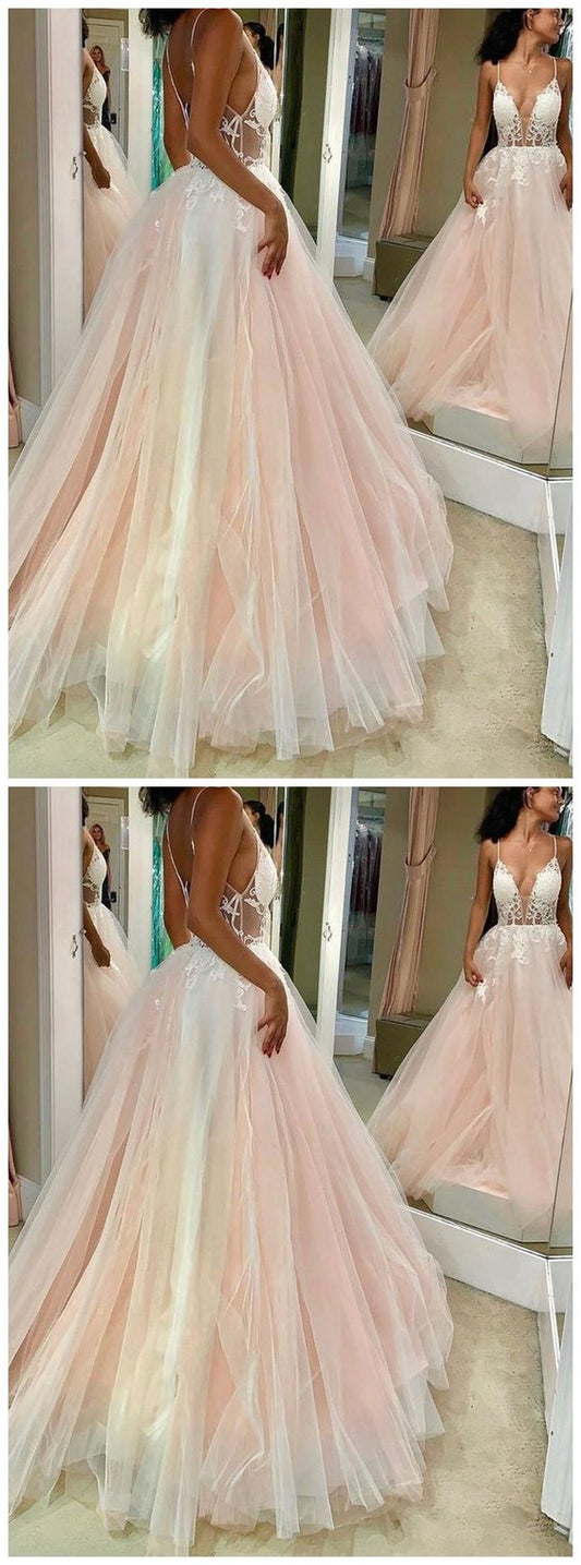 Pink v neck tulle lace long prom dress, pink evening dress  cg9590
