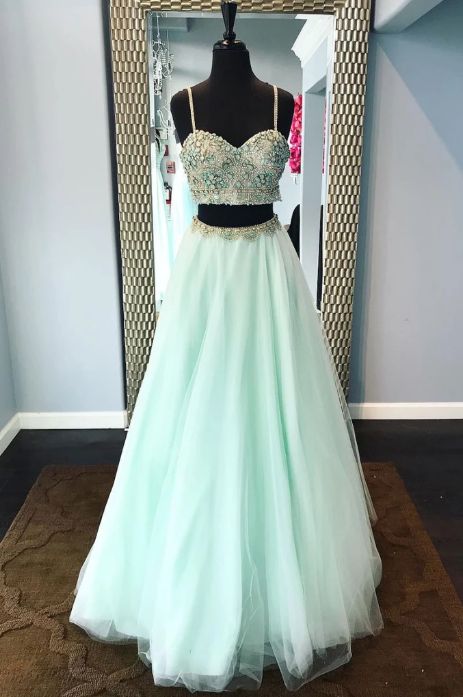 spaghetti straps two pieces mint green long prom dress   cg9597