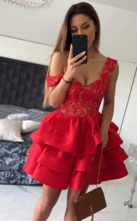 Red Lace V-neck Straps Short Homecoming Dresses cg960