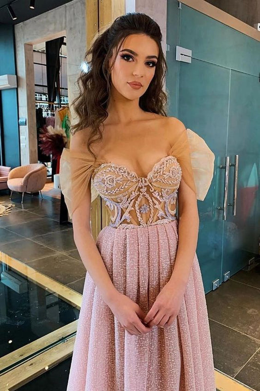 Elegant Off Shoulder Pink Tea Length Prom Dress with Appliques  cg9617
