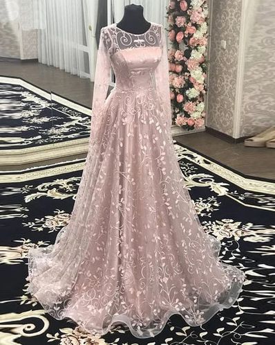 Pink floral lace long a line formal prom dresses with full sleeves   cg9619