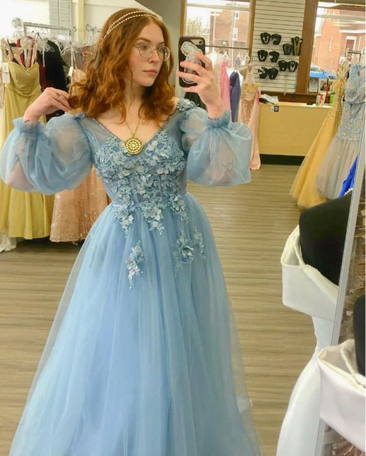 Ball Gown Long Sleeves Blue Long Prom Dresses Formal Dress   cg8621