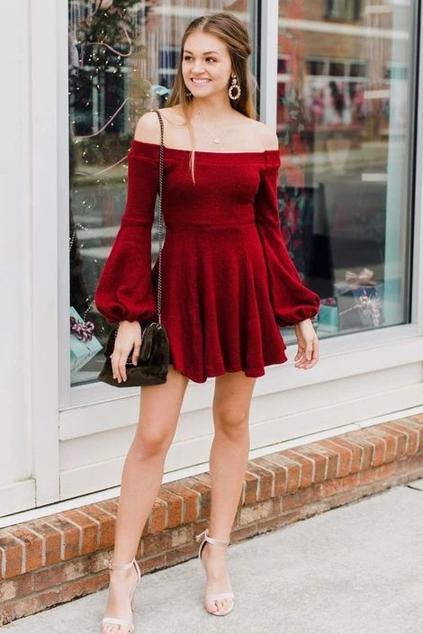 A-Line Off-the-Shoulder Long Sleeves Short Dark Red Velvet Homecoming Dress   cg9623