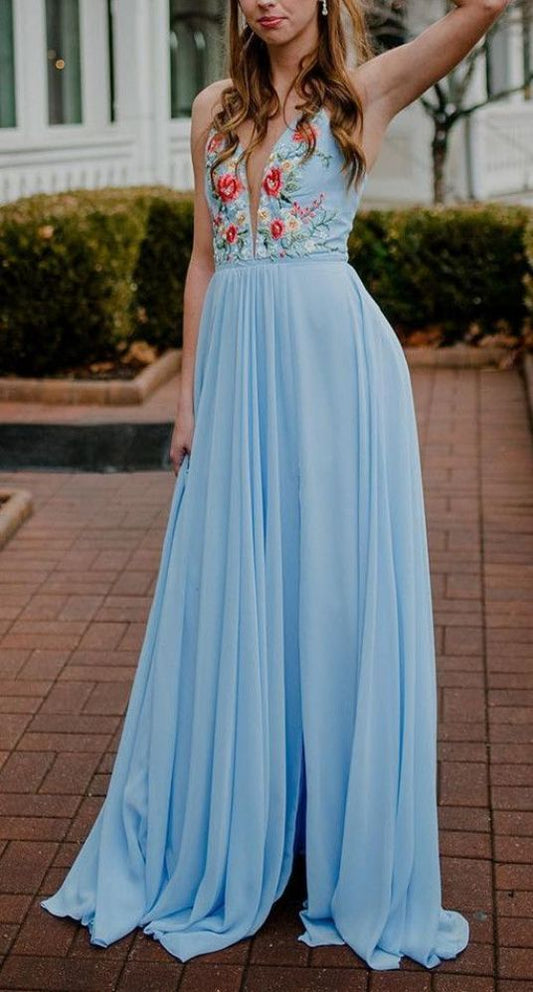 Blue and Floral Embroidery Prom Dresses Chiffon Long Prom Dress with Slit   cg8638