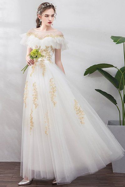 White Tulle Gold Lace Applique Long Ruffles Senior Prom Dress, Formal Dress   cg9641