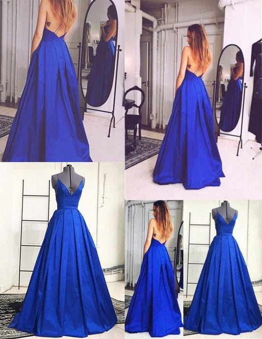Simple Royal Blue Prom Dress - V-neck Sleeveless Floor Length Backless   cg9642