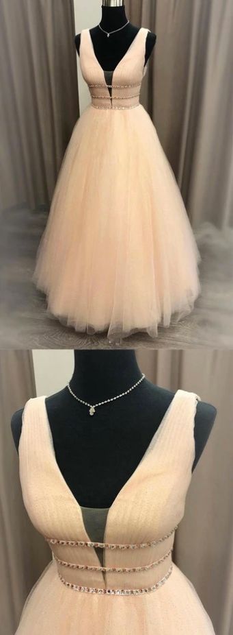 Pink Tulle V Neck Beaded Waistline Long A Line Prom Dress, Graduation Dress   cg9643