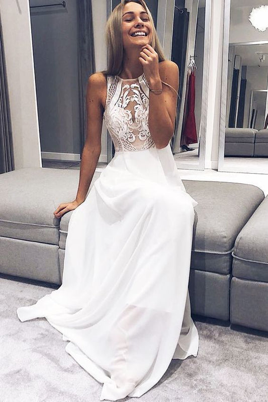 A-Line Sleeveless White Long Prom Dress with Lace Top  cg9653