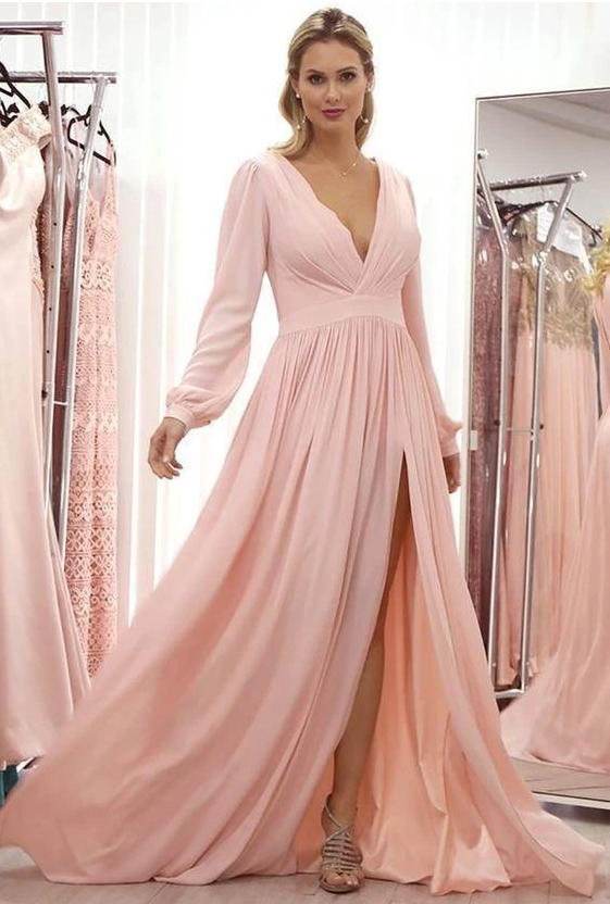 Long Sleeves Pink Chiffon Party prom Dress   cg9660