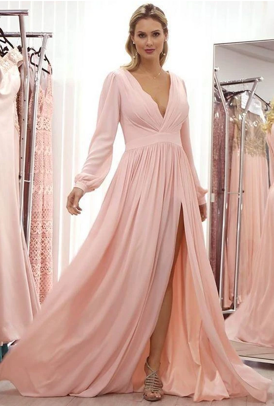 Long Sleeves Pink Chiffon Party prom Dress   cg9660