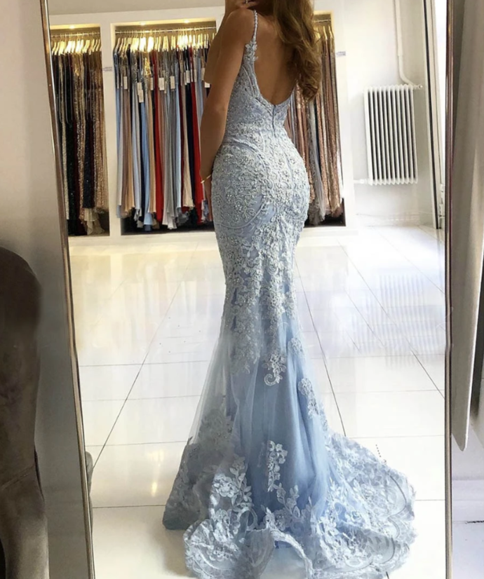 Blue lace long prom dress mermaid evening dress  cg9663