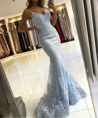 Blue lace long prom dress mermaid evening dress  cg9663