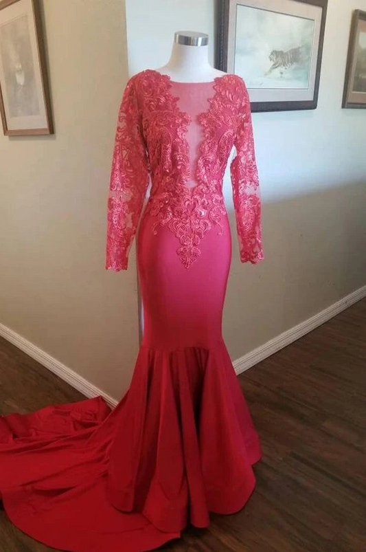 Elegant Long Sleeves Mermaid Red Long Prom Dress with Embroidery   cg9664