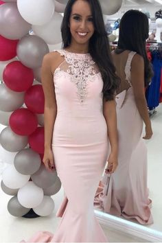 Mermaid Pink Prom Dress with Lace Appliques  cg9666