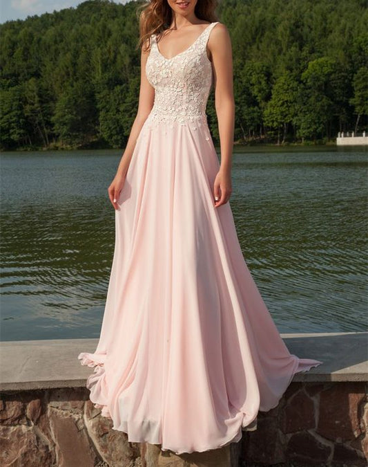 Newest V-Neck Appliques Long Sleeveless Prom Dresses,Chiffon Light Pink Party Dresses  cg9668