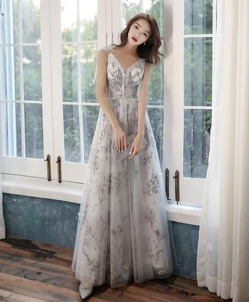 Gray tulle lace long prom dress gray tulle lace formal dress   cg9681
