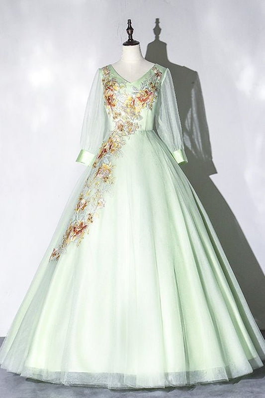 Apple Green Tulle V Neck Long Dress, Long A Line Customize Senior Prom Dress   cg9684